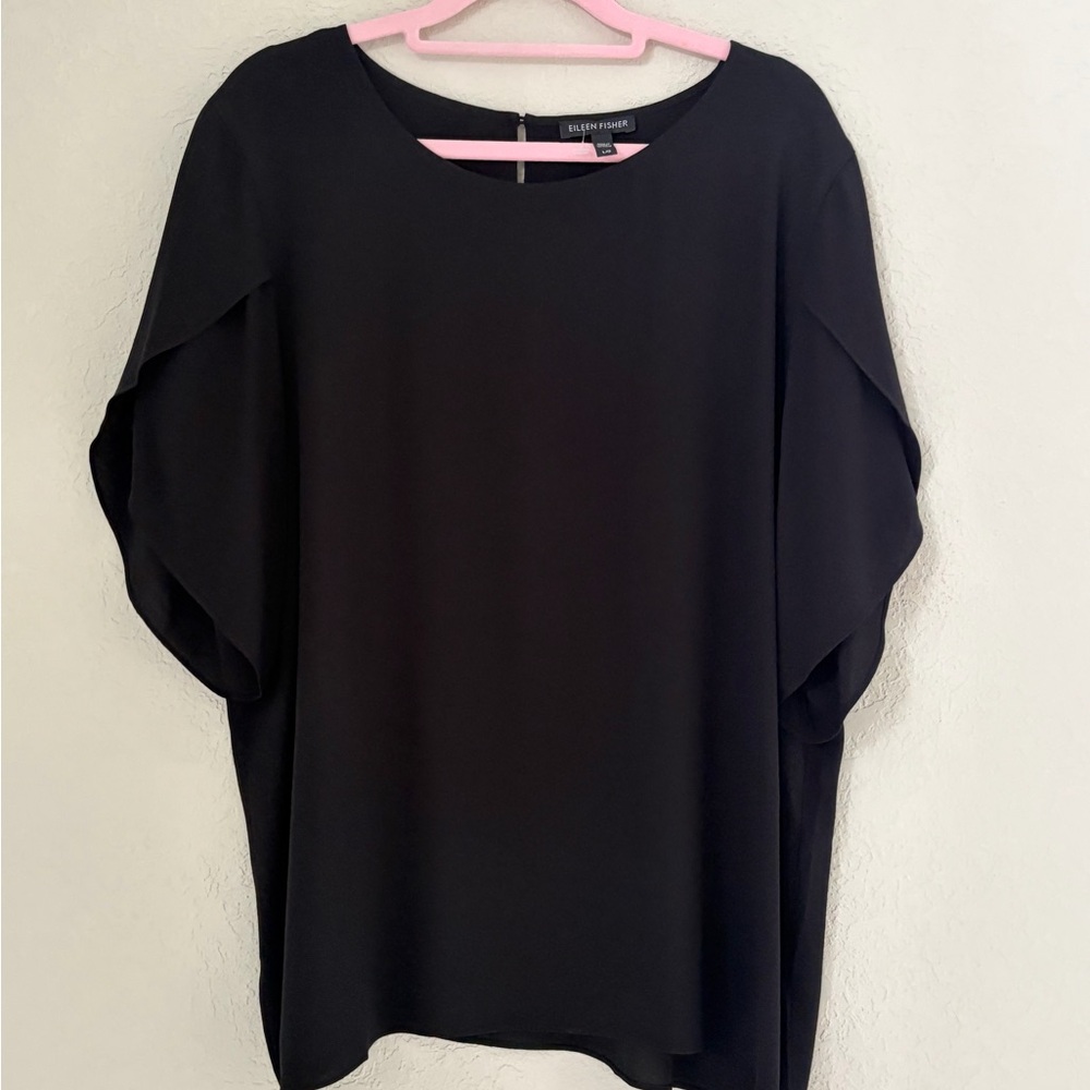 Eileen Fisher Silk Short Sleeve Top Black Women Large Minimalist Round Neck